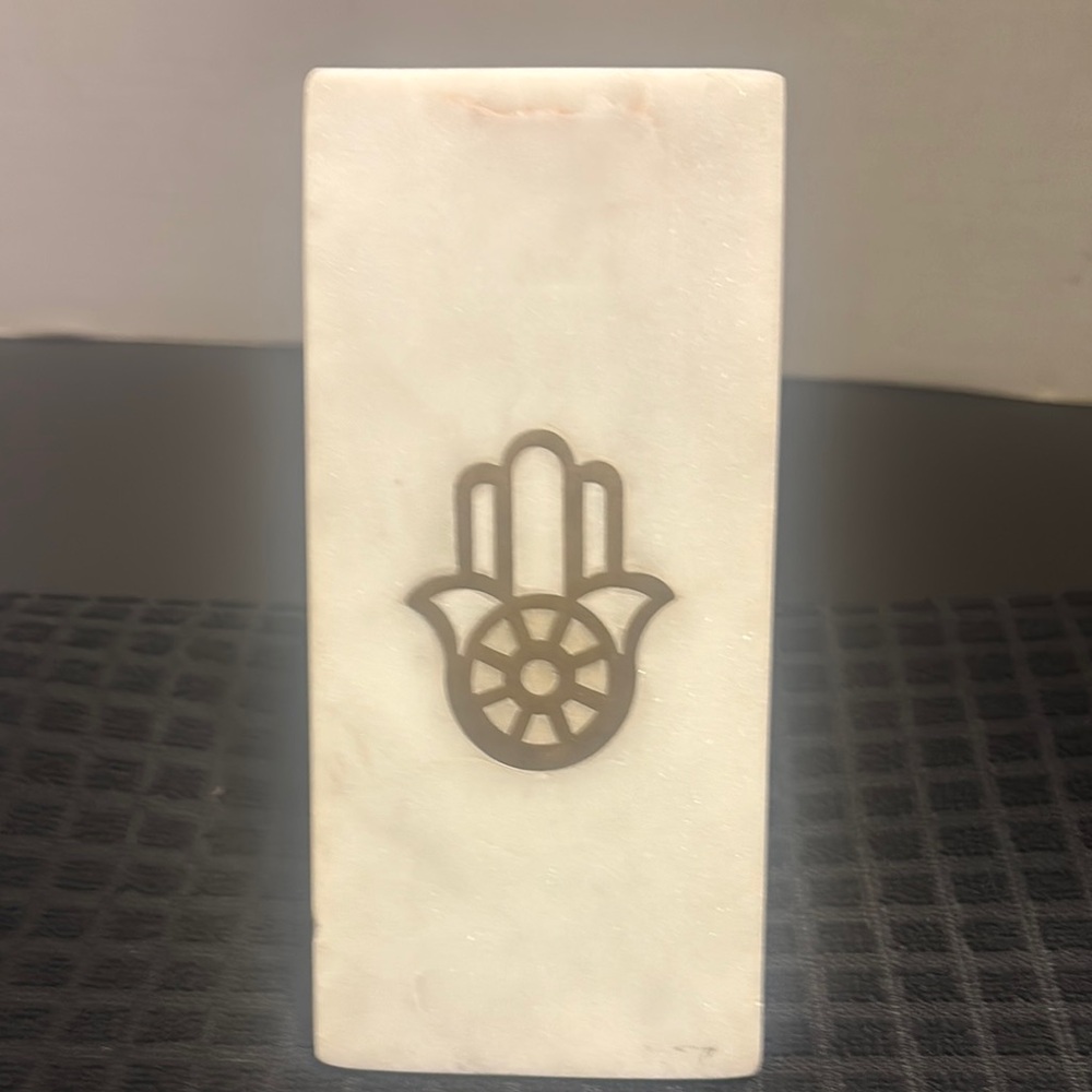 White Marble Decorative Bookend  with Hand of God Hamsa Symbol